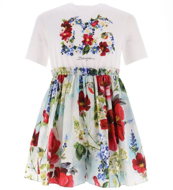 Dolce & Gabbana Kjole - Renaissance - Hvid/Lyseblå m. Blomster - 10 år (140) - Dolce & Gabbana Kjole